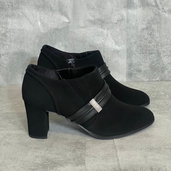 EASY STREET Black Suede Berit Almond-Toe Slip-On Block Heel Booties SZ 9 - Picture 3 of 9